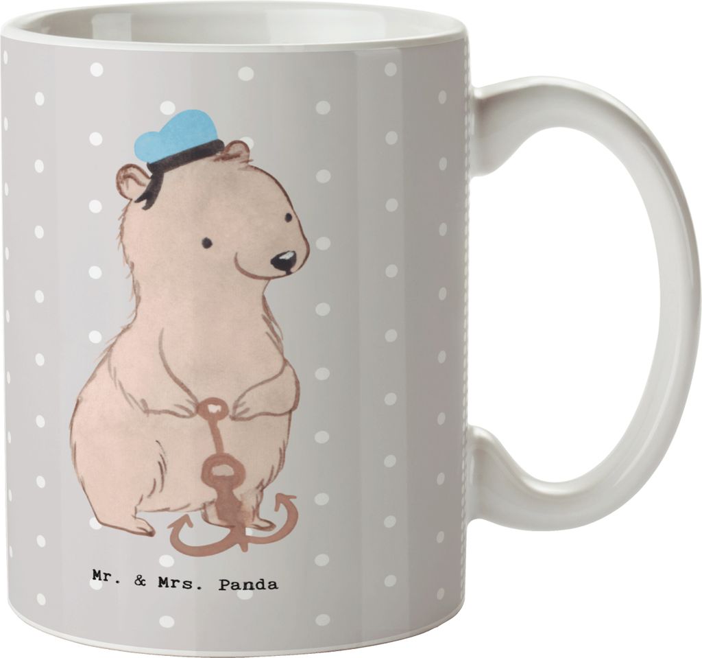 Mr. & Mrs. Panda Trinkbecher Matrose Herz - Grau Pastell - Geschenk, Seeleute, Keramiktasse, Teetasse, Tasse, Seemann, schöne, Kaffeebecher, Kreuz...