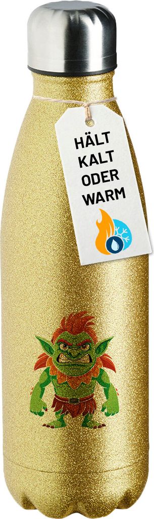 Huuraa Glitzerflasche Troll Fabelwesen Geschenk 500ml Gold Wasserflasche Troll Mitbringsel