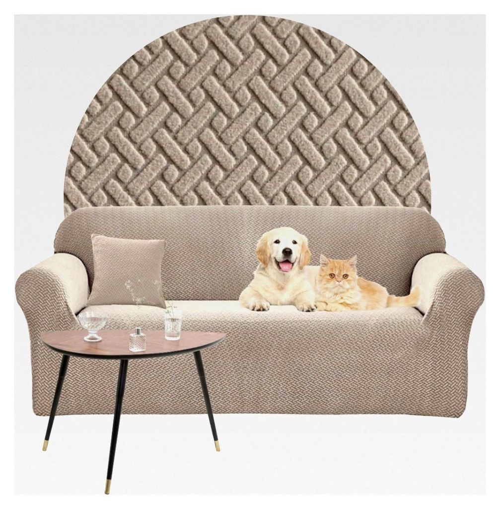 Beiger Sofaüberzug - 3-Sitzer Couchbezug - Jacquard Fischgrät Sesselbezug Stretch - Elastischer Couchbezug - Breite 190-230 cm - 100