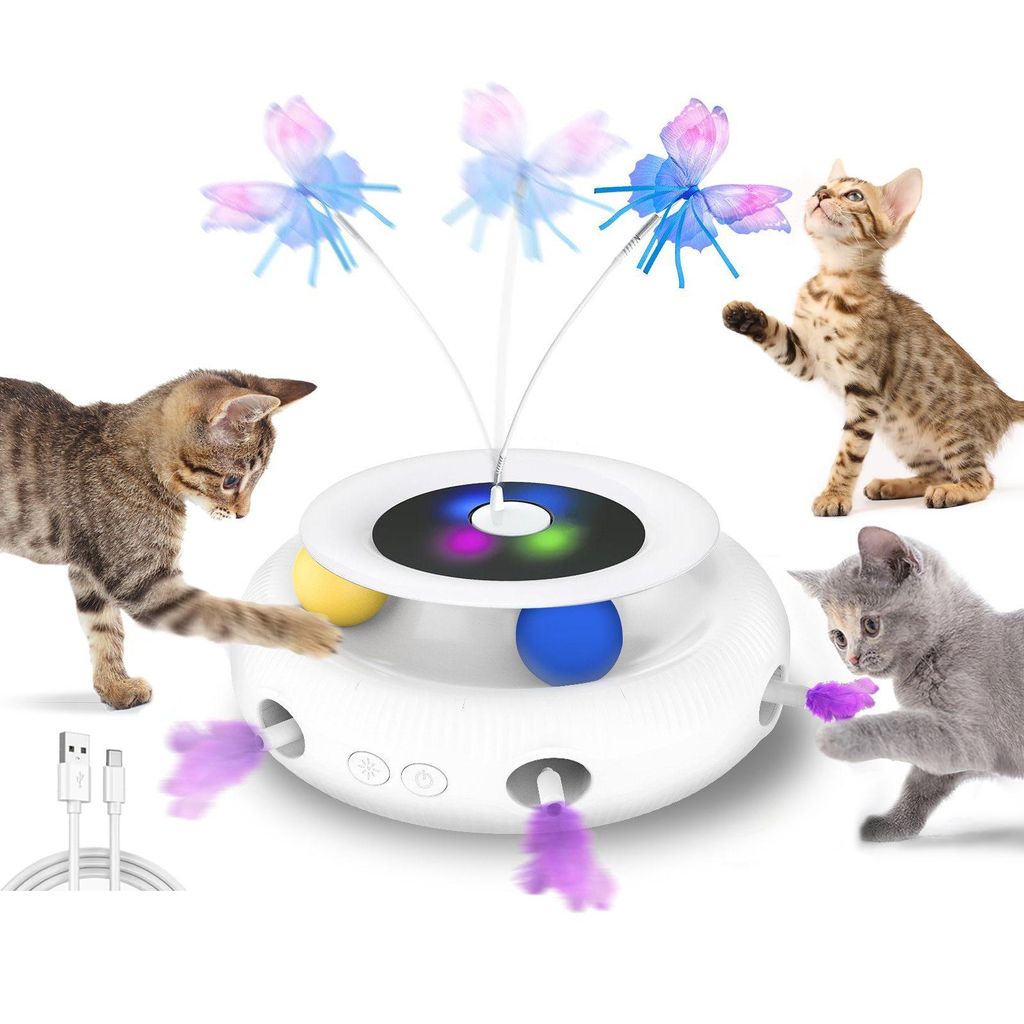 Katzenspielzeug,3-in-1-Elektrisch Interaktives Spielzeug für Katzen,lebensmittelechtem ABS,Set(7-tlg)Whack-A-Mole,Fluttering Butterfly,Kugelbahn-S...