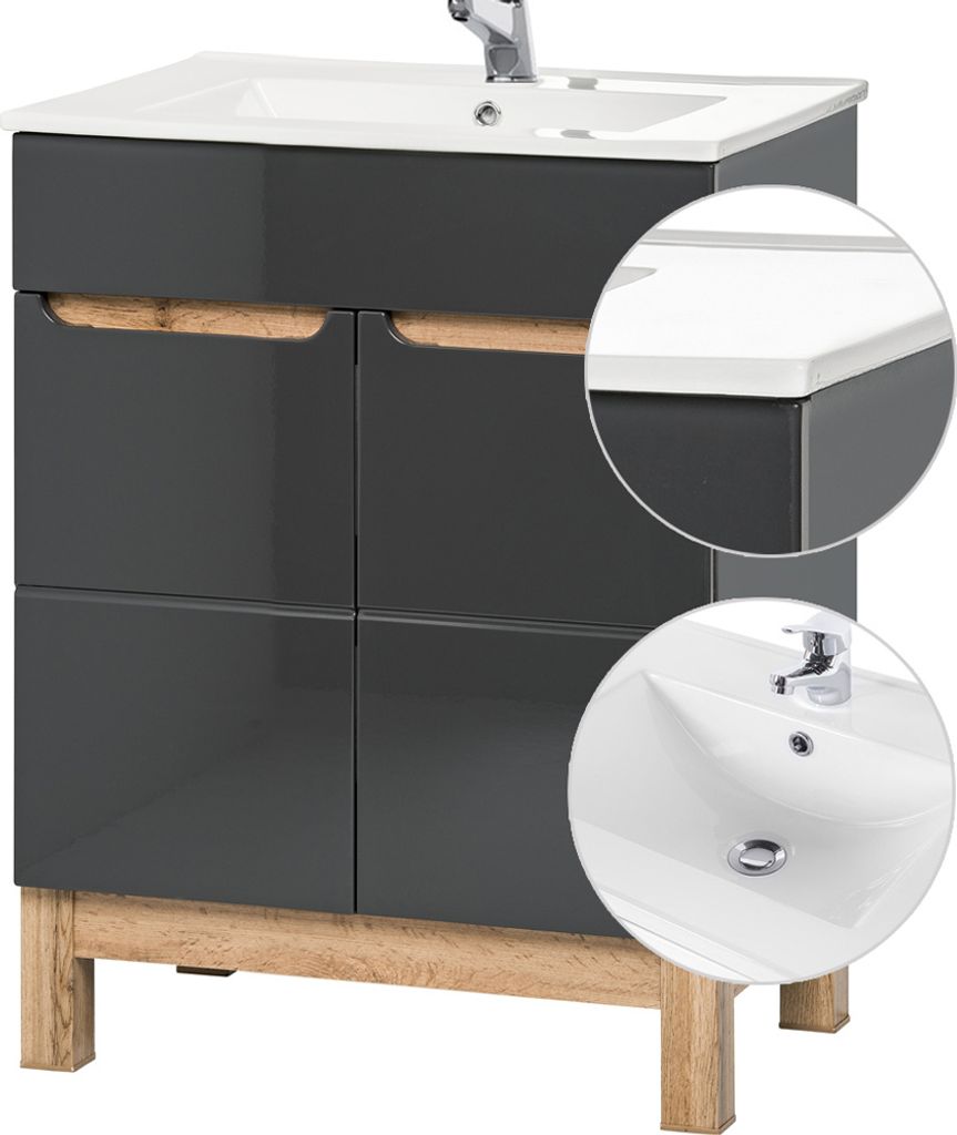Waschtischunterschrank inkl. 61cm Keramikbecken SOLNA-56 Hochglanz grau, Wotaneiche, B x H x T ca. 61 x 85 x 46cm