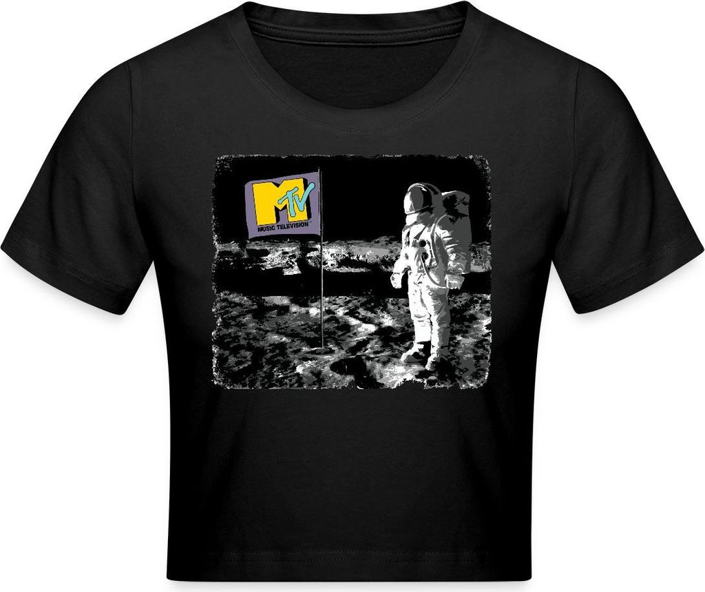 Spreadshirt MTV Astronaut Auf Dem Mond Mit MTV-Flagge Crop Top, XS, Schwarz