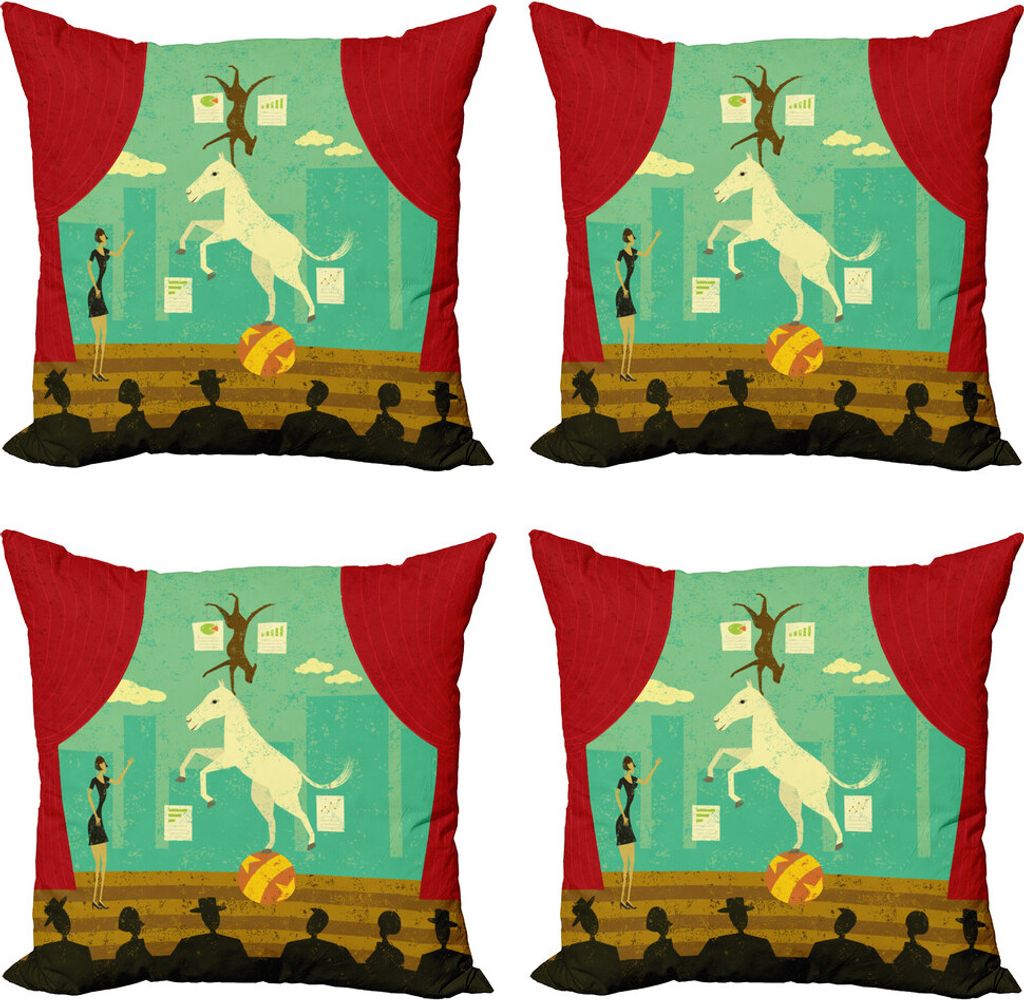 ABAKUHAUS Zirkus Kissenbezug Set (4 Stück), Pferde Hound Show Stage, Moderner Doppelseitiger Digitaldruck, 60 cm x 60 cm, Mehrfarbig