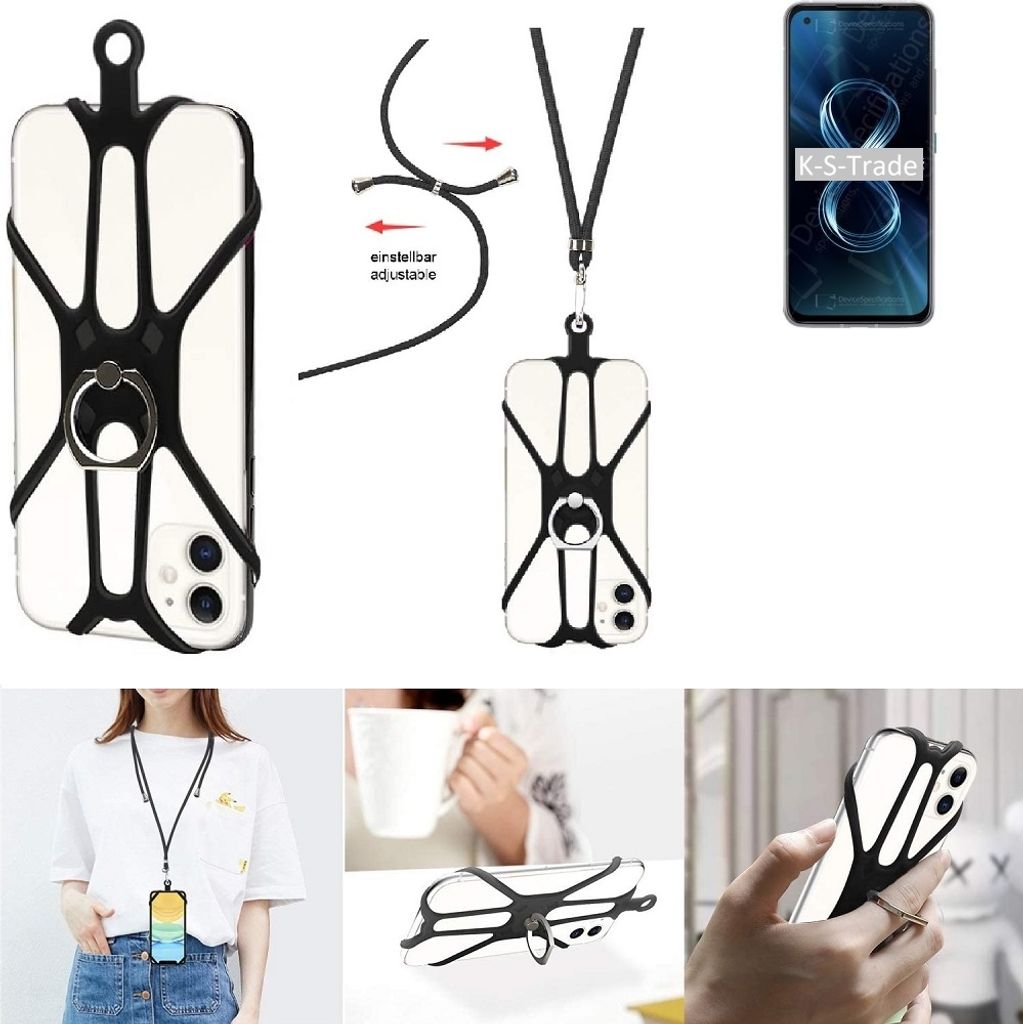K-S-Trade 3in1 Handykette Handyband Handykordel Halsband Smartphone-Ring Handy-Ring kompatibel mit Asus Zenfone 8 Fingerhalterung Handyring