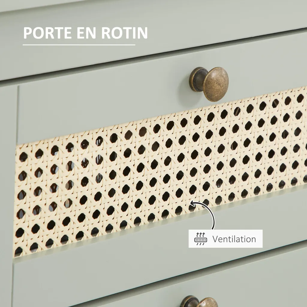 Meuble à chaussures vert d'eau cannage rotin avec 2 étagères mobiles