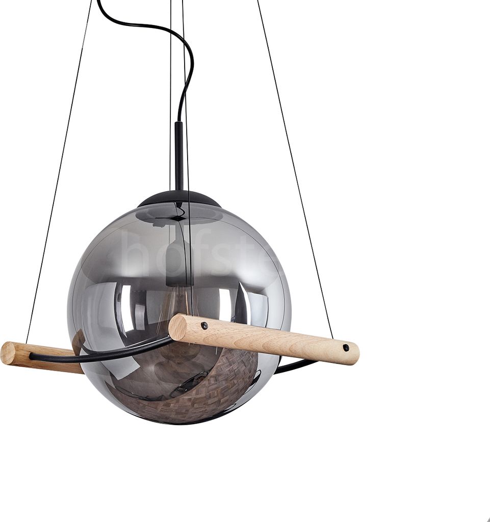 Cupello moderne Hängelampe aus Metall/Holz/Glas in Schwarz/Natur/Rauchfarben