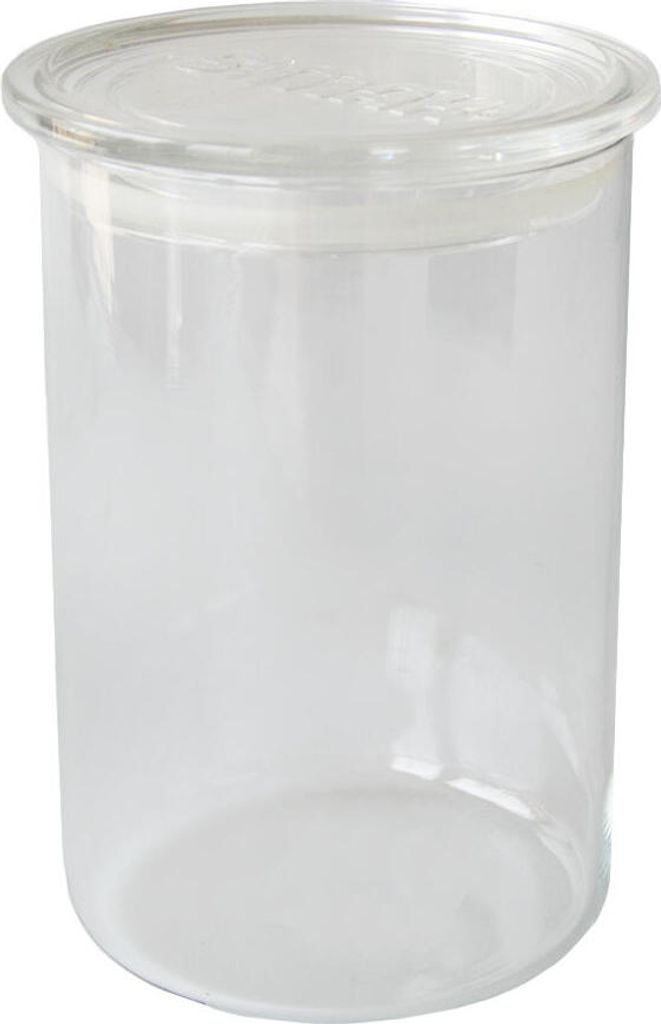 A clear glass jar with a lid.