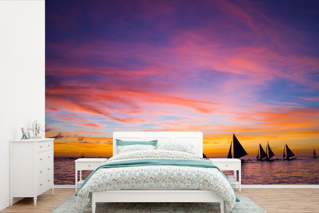 MuchoWow Fototapete für Wohnzimmer oder Schlafzimmer Wandtapete Vinyl Motivtapete Segelboote für einen Sonnenuntergang auf der Insel Boracay au...