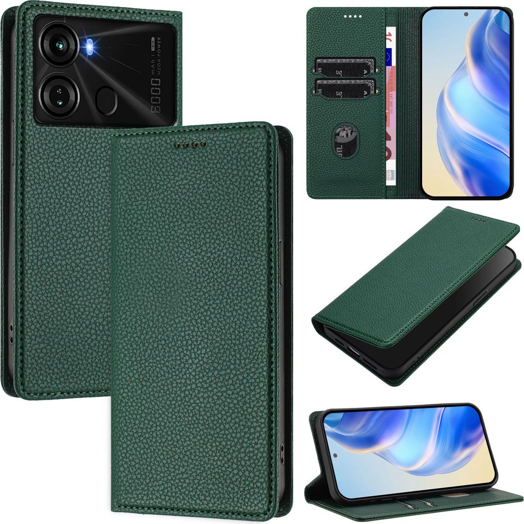 Litchi Leder Handyhülle für itel P40 Wallet Kartenfächer Standfunktion Hülle Grün