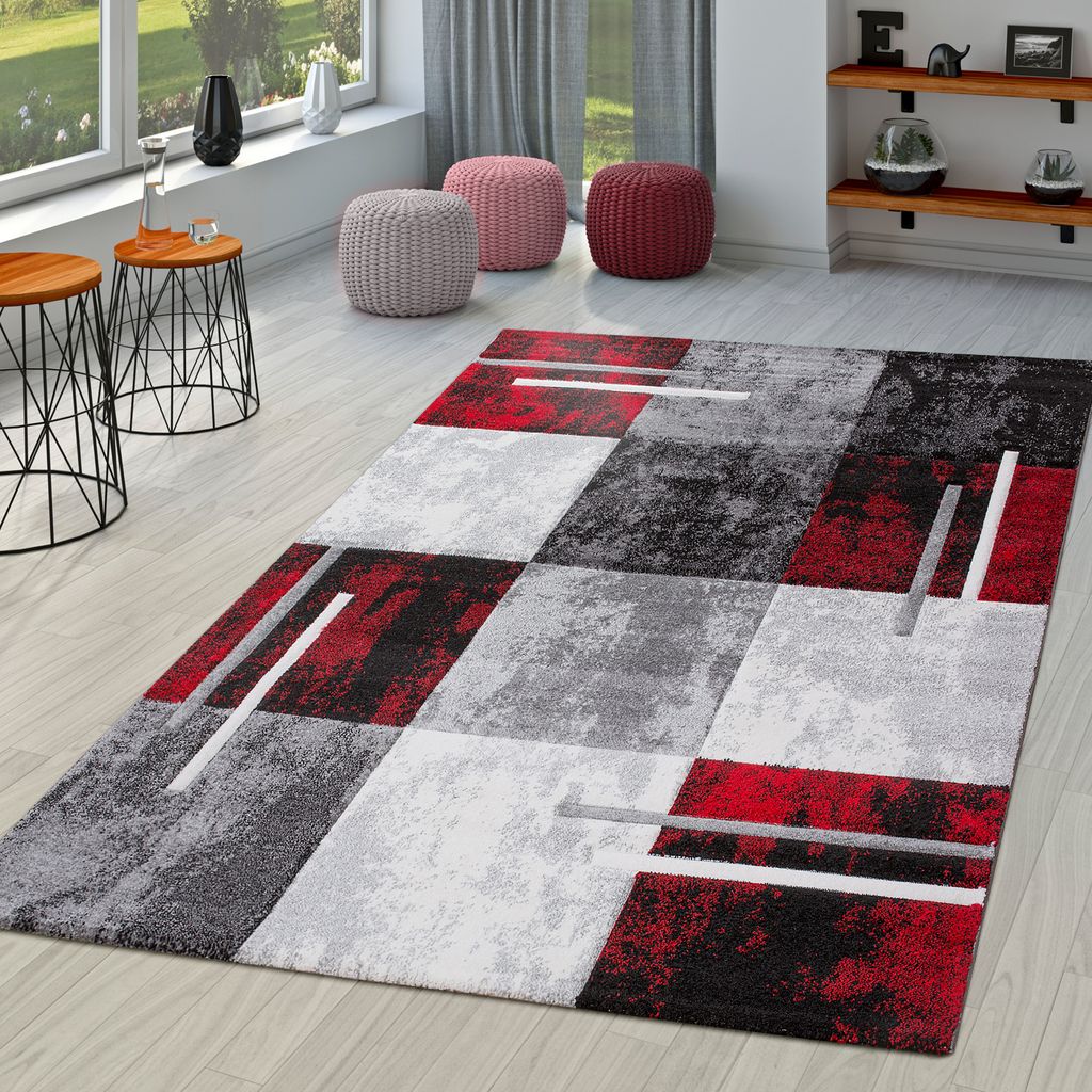 TT Home Moderner Teppich Wohnzimmer Milano mit Konturenschnitt in Rot Grau Schwarz Größe 300x400 cm