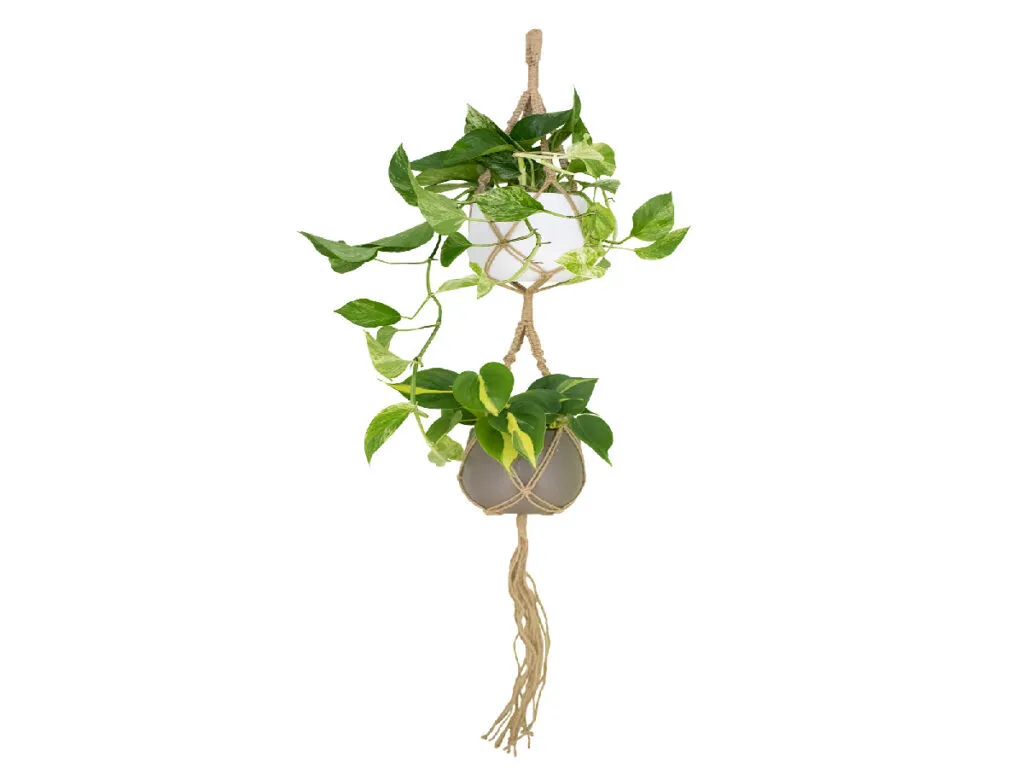 Porte-plante suspendu en macramé double 120 cm - Déco bohème naturelle