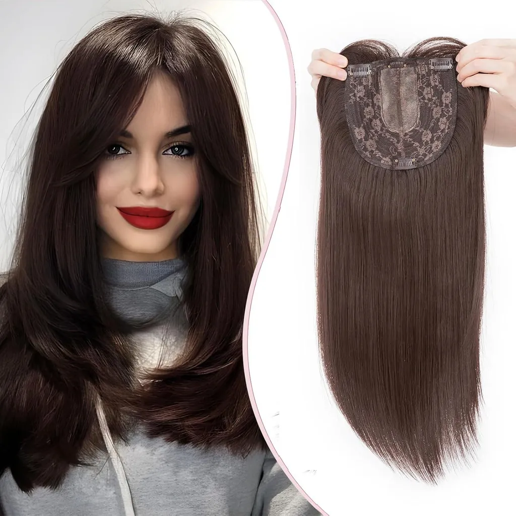 Topper Cheveux 15x15 cm avec Frange - Synthétique Brun Foncé Long 45 cm
