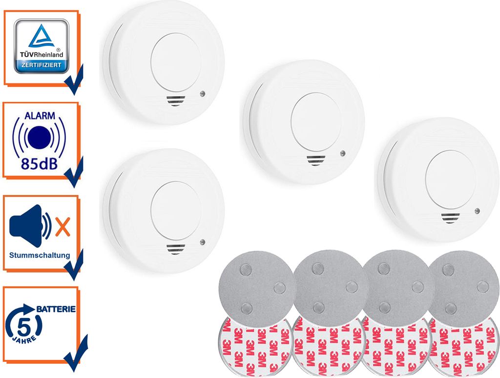 A set of four smoke detectors with magnetic mounting accessories, presented with informational graphics on the left side.