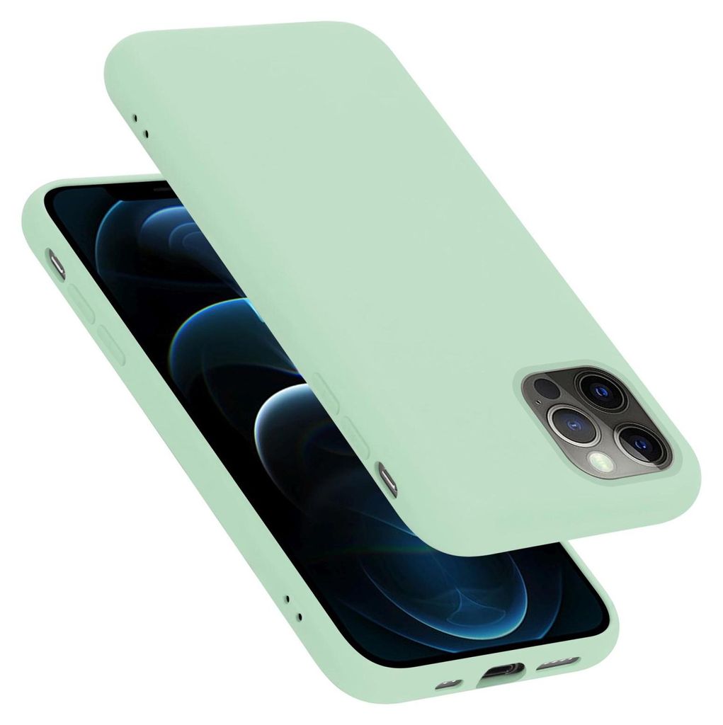 A light green phone case is shown from a diagonal angle, with the phone screen visible underneath.