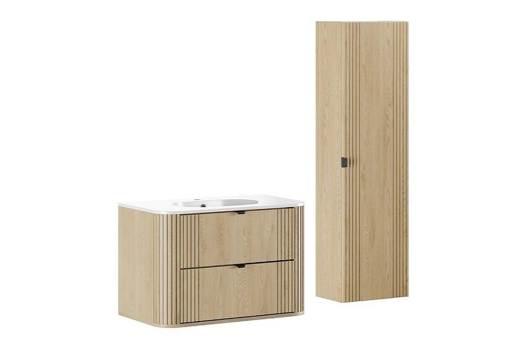 Badmöbel- Set Mit Hochschrank Einbauwaschbecken & Unterschrank 80 cm , Ovalia Cremona O BM404 - Cremona-Eiche