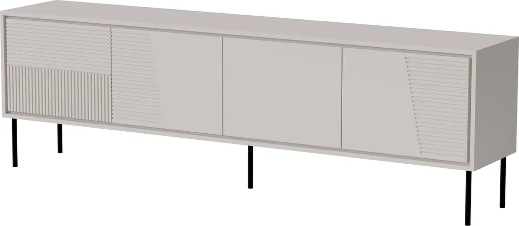 Meuble TV Design 4 Portes Fraisées Beige Cachemire et Pieds Noirs 200cm