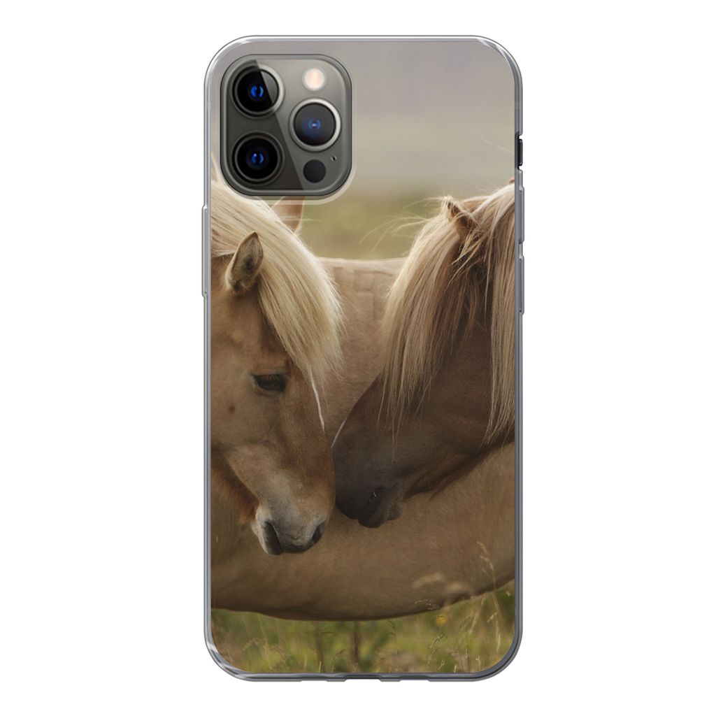 MuchoWow Handyhülle Schutzhülle Hülle für iPhone 13 Pro Pferde - Gras - Braun Silikon Softcase Handy Hülle - Handy-Tasche