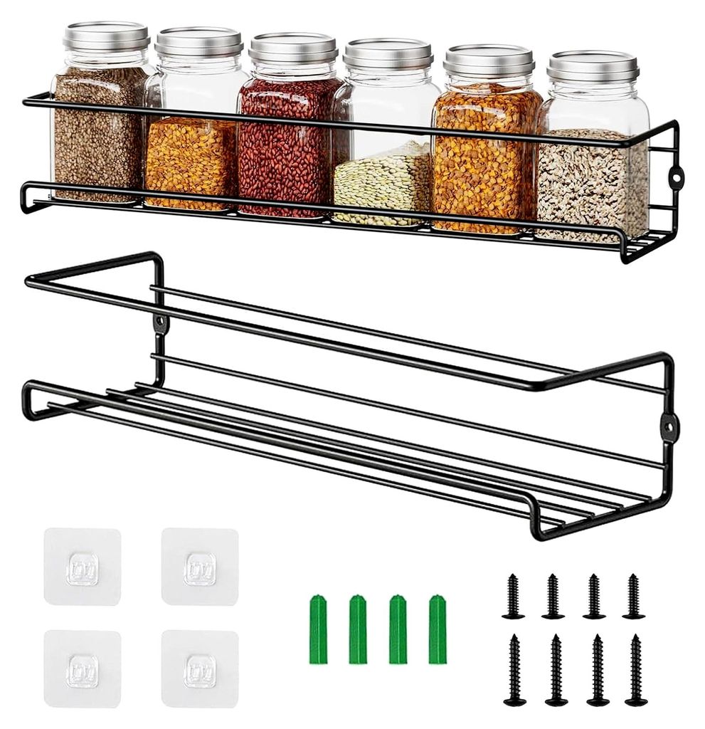 Metall Gewürzregale, Gewürzregal Wand, 29×6,5×6,5cm für Gewürze und Gewürzgläser (2, Schwarz)