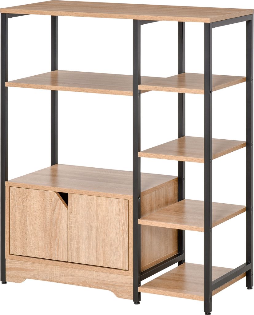HOMCOM Bücherregal mit mehreren offenen Regalen und Doppeltür, Bücherregal mit Metallrahmen für Büro und Wohnzimmer, 80 x 35 x 97 cm, Naturholz