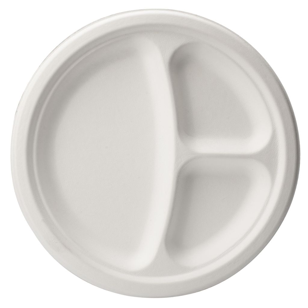 RyanPack Zuckerrohr Bagasse Teller 3 geteilt 26 cm Weiß – Produktbild 