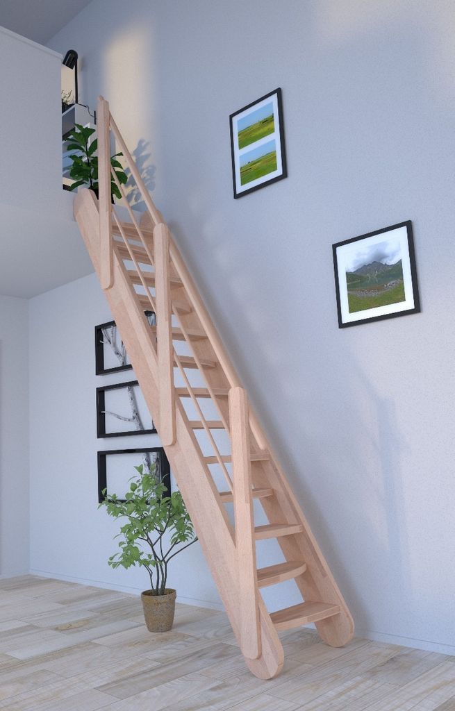 Raumspartreppe Samos in Buche-Holz-Holz Design Geländer-verjüngte Stufen/wechselseitig begehbar