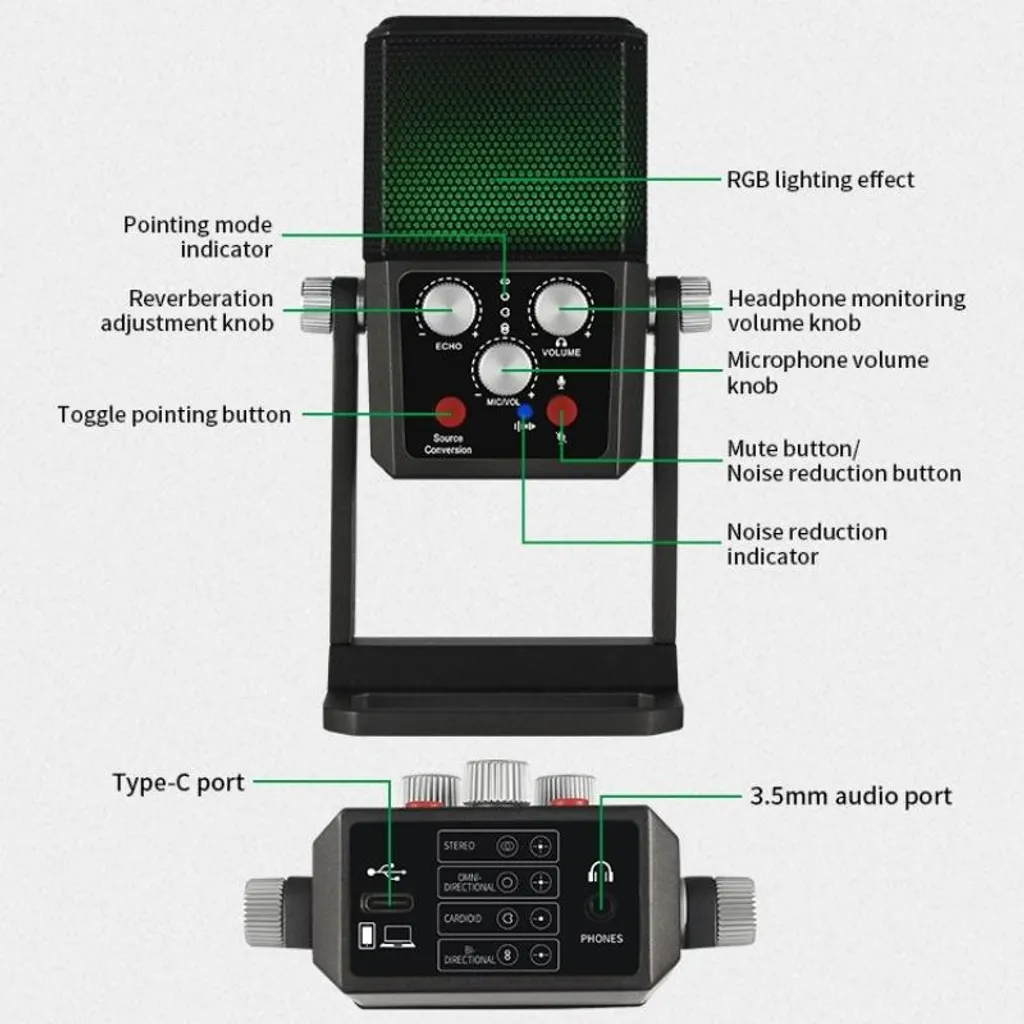 Microphone de Streaming USB à Condensateur avec Directivités Multiples