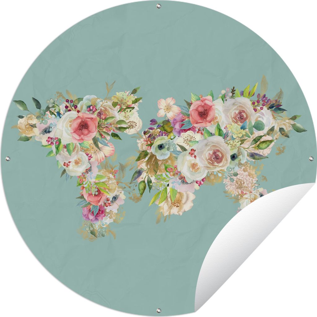 MuchoWow Gartenposter Outdoor-Poster Rund Karte - Welt - Rosen - Grün Ø 60 cm Gartendeko Rundes Poster draußen