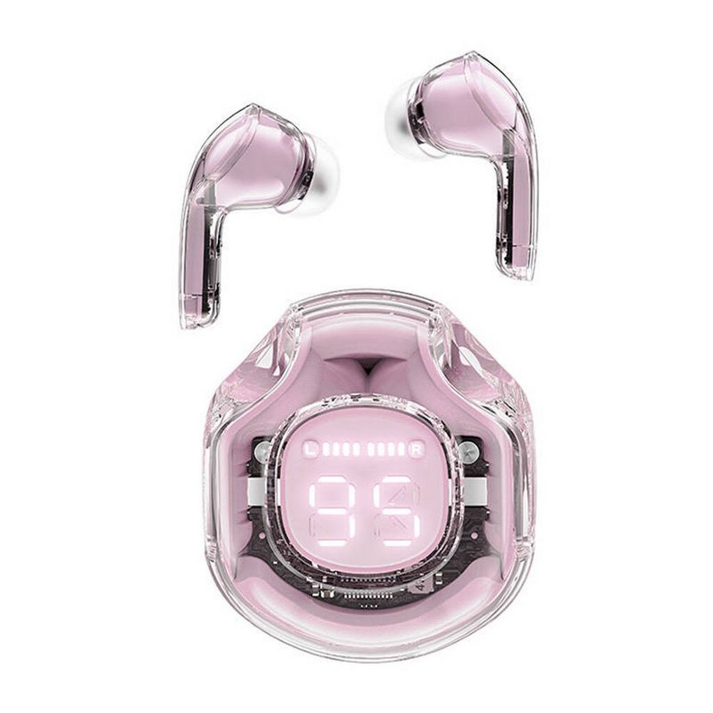 A pair of pink transparent wireless earbuds and their charging case are displayed against a white background.