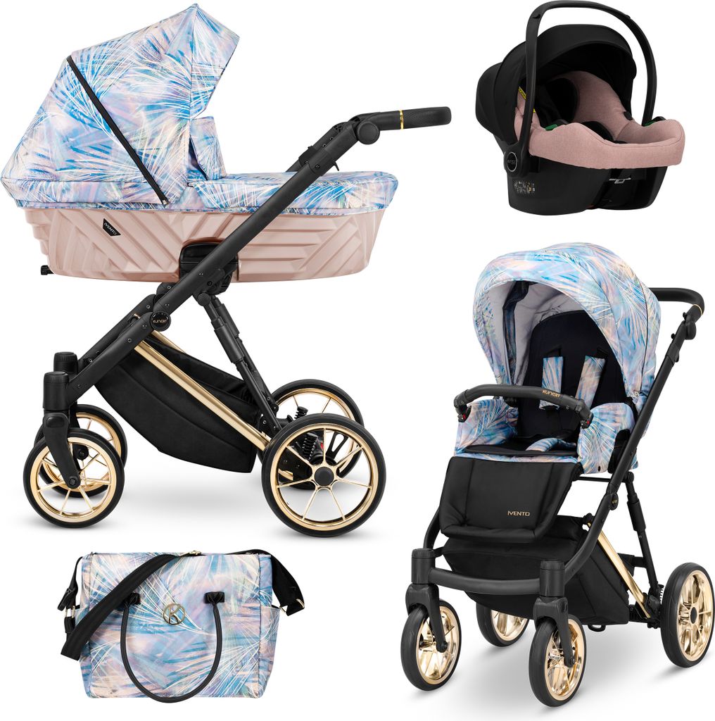 Kinderwagen IVENTO Sportwagen Babywagen Babyschale Komplettset Kinder Wagen Autositz Set 3 in 1 (Pastel Grass, Rahmenfarbe: Gold)