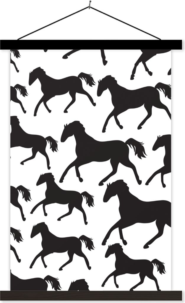 MuchoWow Textilposter Pferde - Weiß - Silhouette - Mädchen - Kinder - Mädchen 60x90 cm mit schwarzem Rahmen - Poster Wohnzimmer