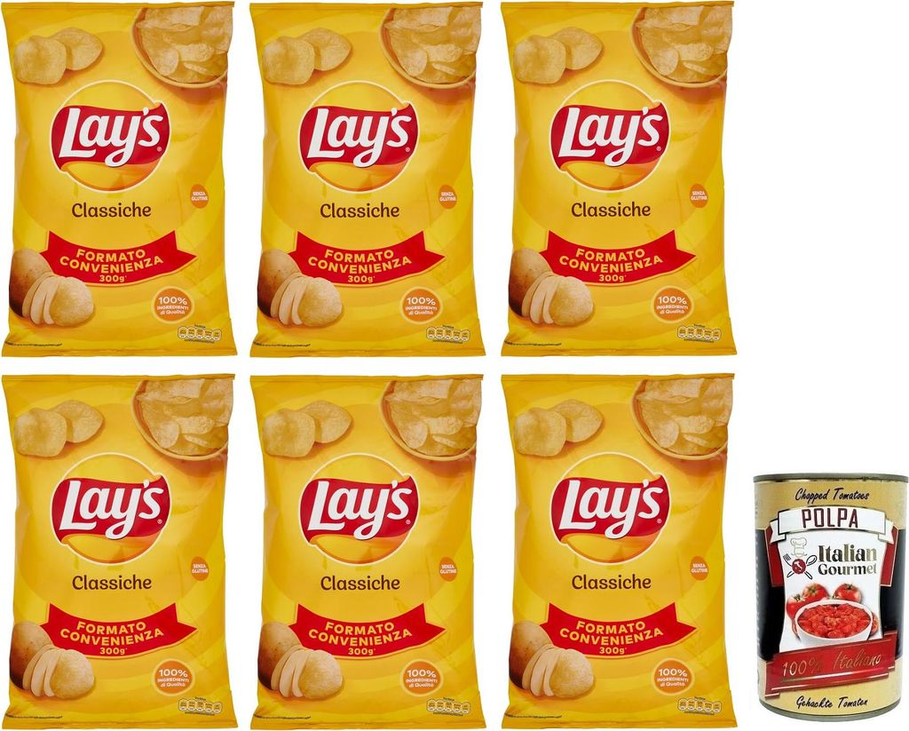 6x Lay's Classiche Chips Patatine Kartoffelchips gesalzen 300g Kartoffel chips + Italian Gourmet Polpa di Pomodoro 400g Dose
