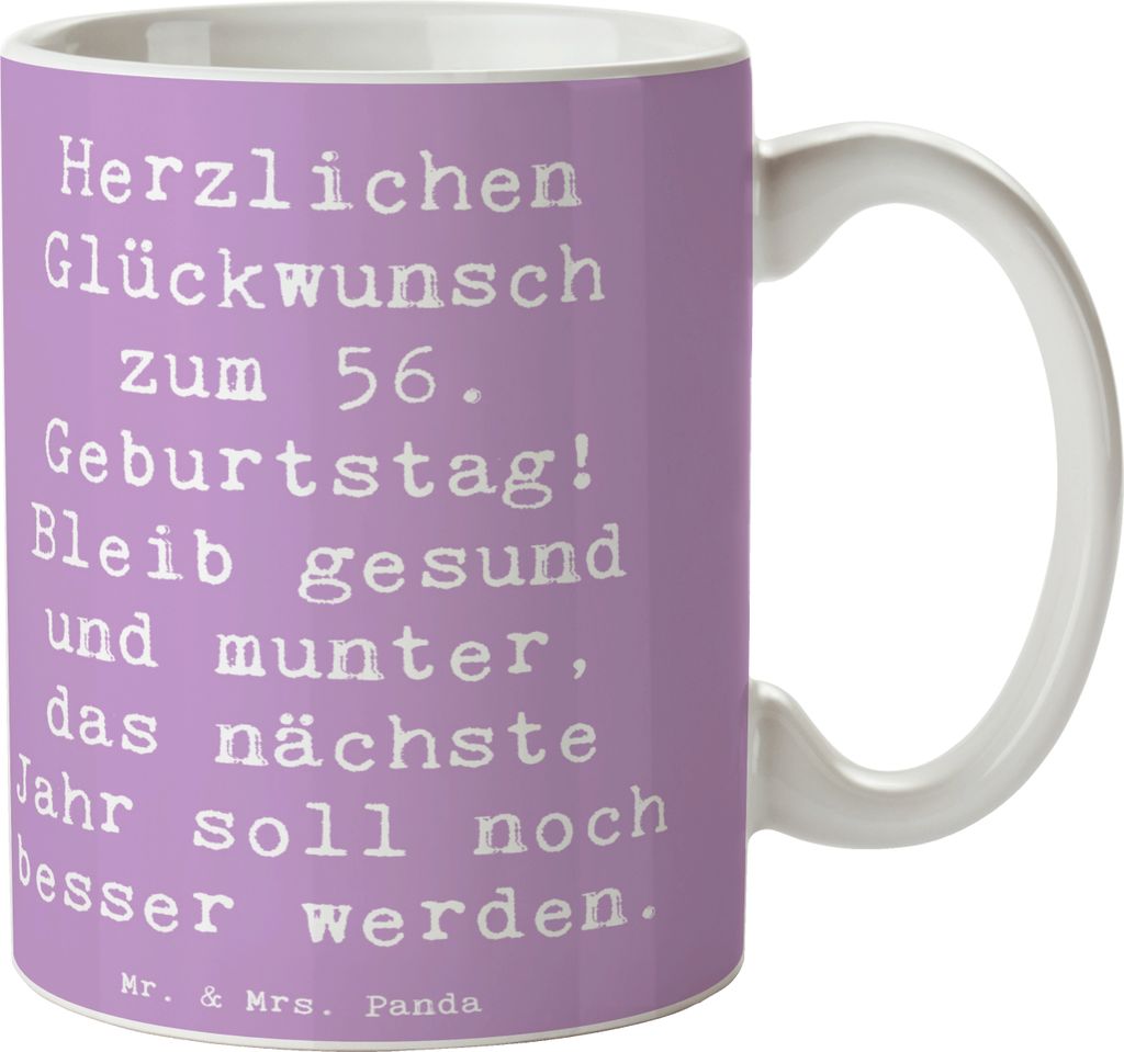 Mr. & Mrs. Panda Teetasse Spruch 56. Geburtstag Freude - Lavendeltraum - Geschenk, Kaffeetasse, Kaffeebecher, Keramikbecher, Lebensfreude, besonder...