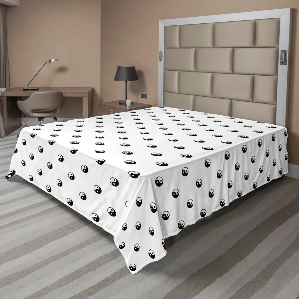 Drap de Dessus Décoratif Yin Yang pour Grand Lit 2 Personnes en Blanc