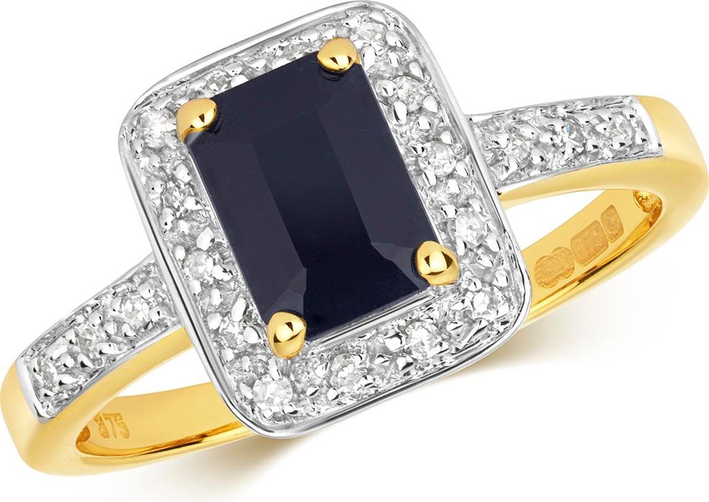 Wunderschöner 9 Karat (375) Gold Damen - Diamant Solitärring Brillant-Schliff 0.10 Karat H - PK mit Saphir, 55 (17.5); TRS28732RSO