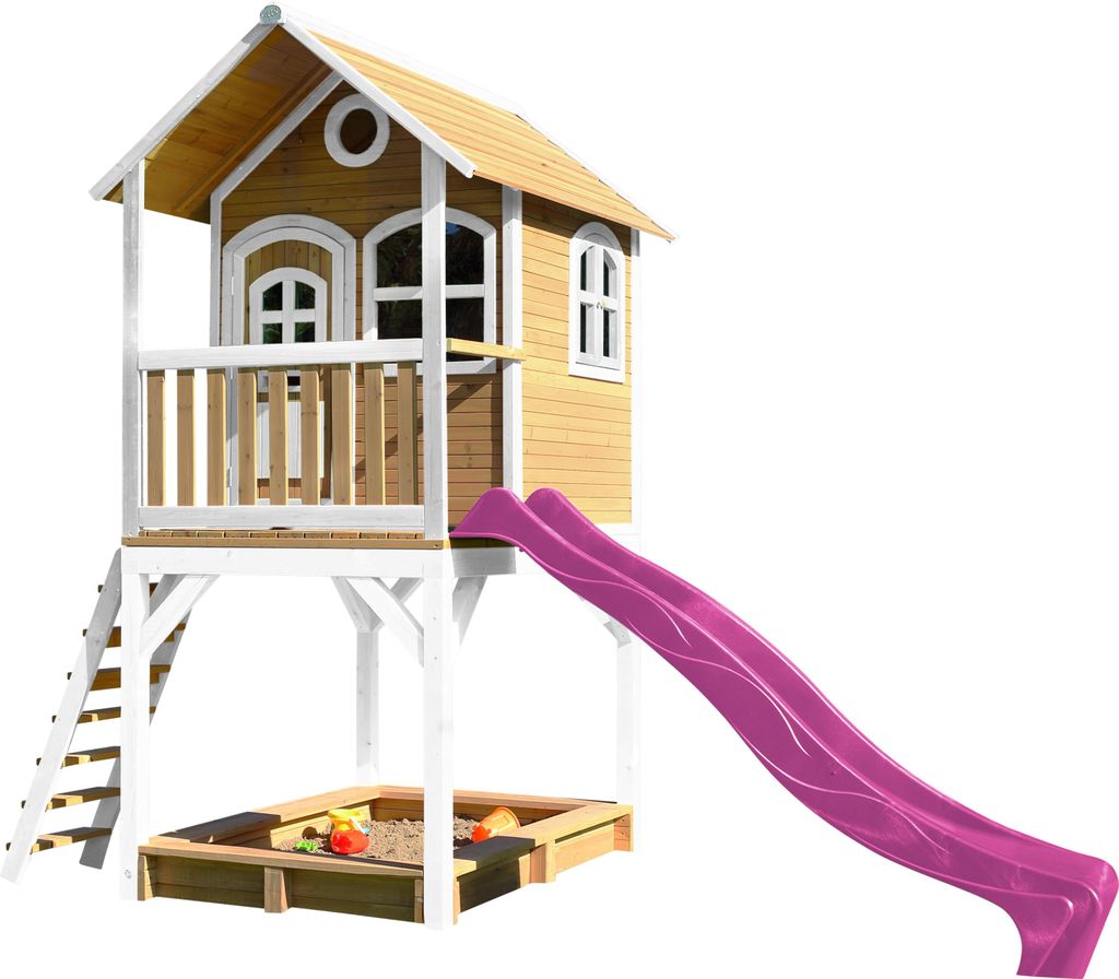 AXI Spielhaus Sarah mit Sandkasten & lila Rutsche | Stelzenhaus in Braun & Weiß aus Holz für Kinder | Spielturm mit Wellenrutsche für den Garten
