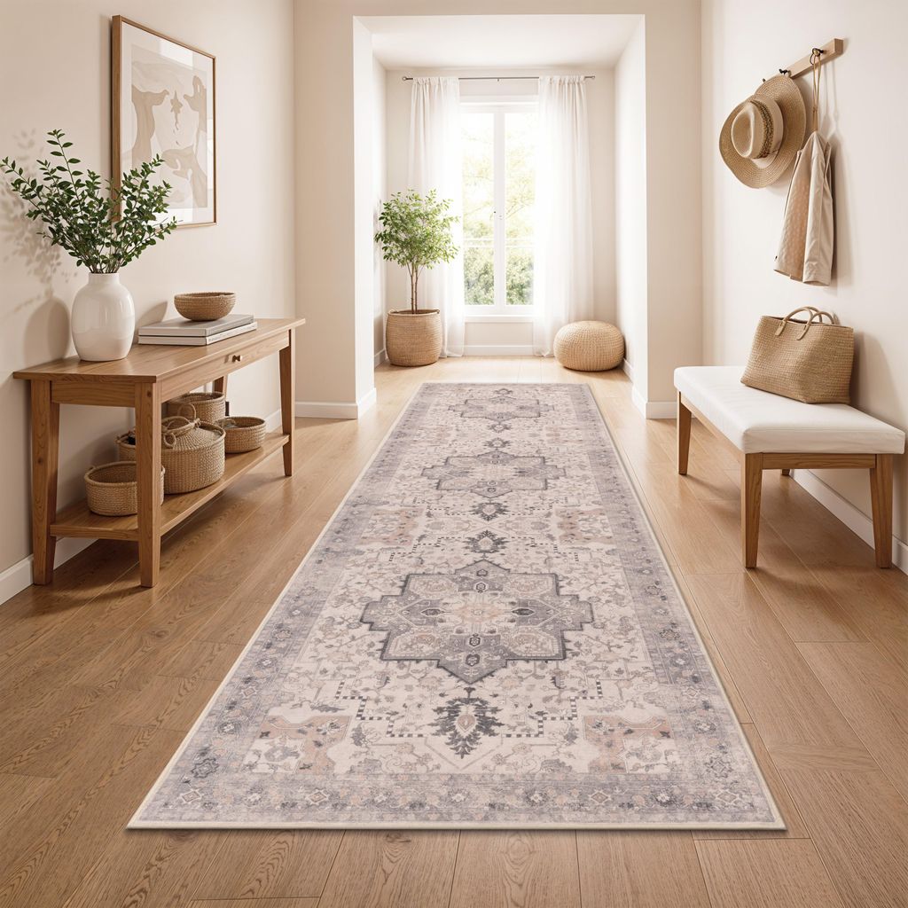 Vintage Boho moderner Wohnzimmerteppich Kurzflor waschbar rutschfest Beige Bunt Grösse 80x150 cm