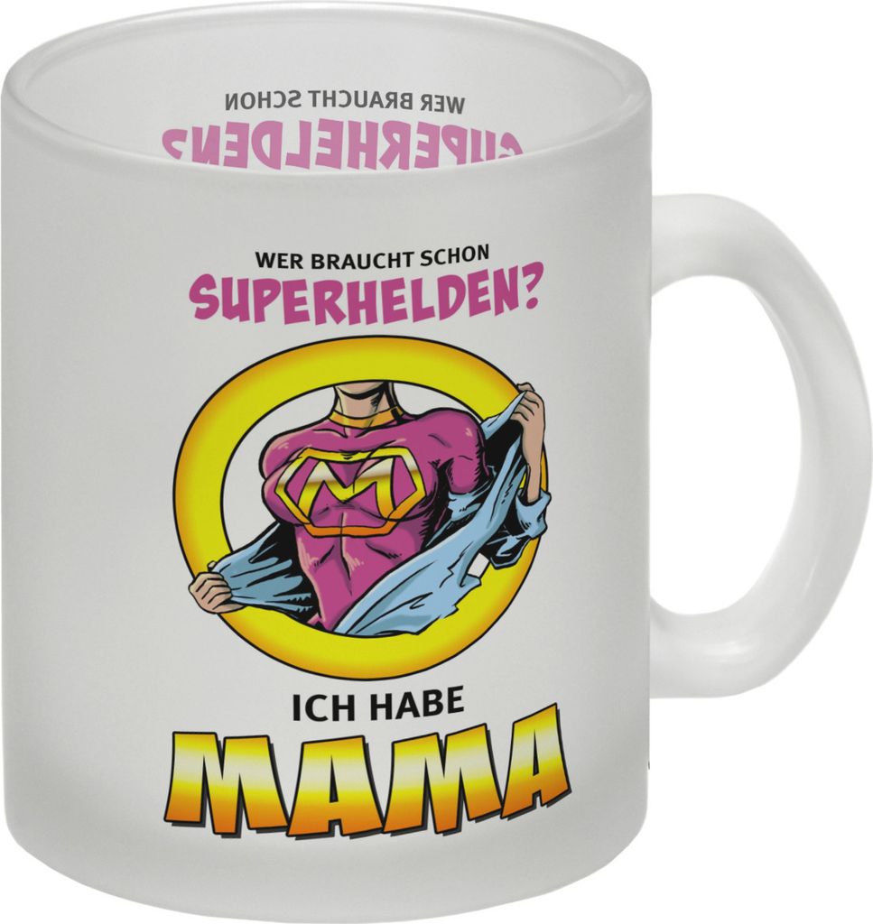 Glas Tasse Comic mit Spruch - Wer braucht schon Produktbild 