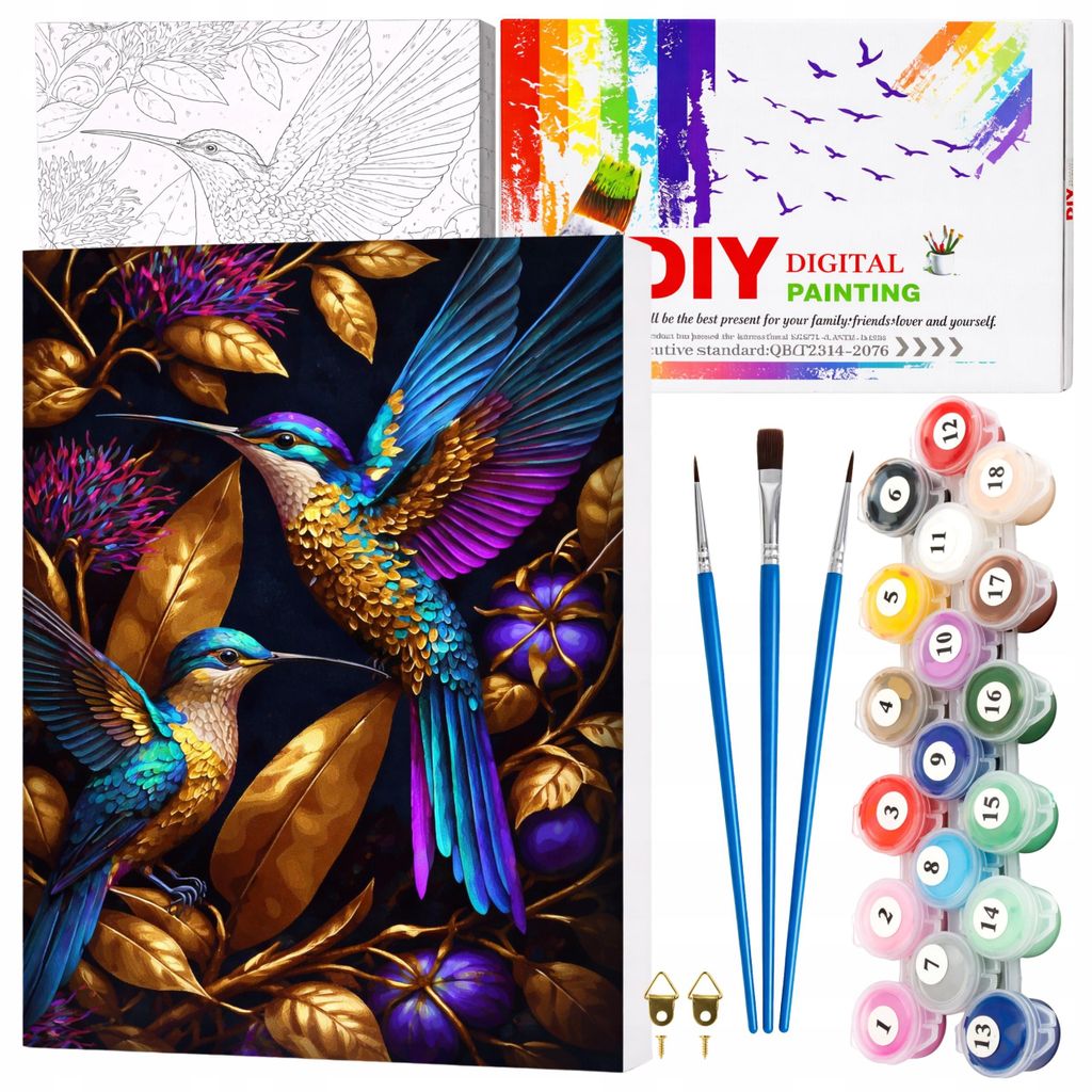 EDIBAZZAR | Malen nach Zahlen mit Rahmen, 40 x 50 cm Leinwandbild „Bunte Kolibris auf goldenen Blättern“