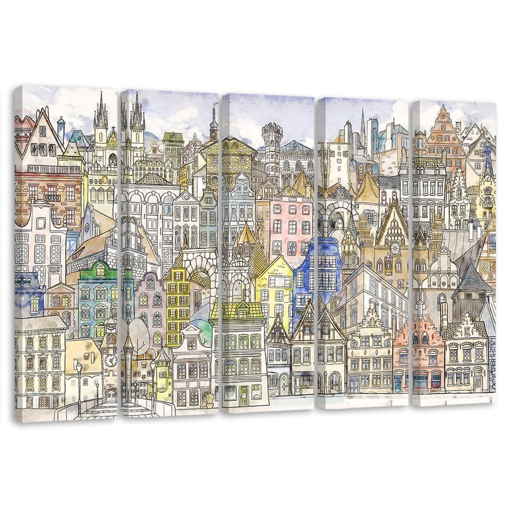 5-teiliges leinwandbild fröhliche stadt 100x70 cm Feeby farbe wandbild bereit zum aufhängen