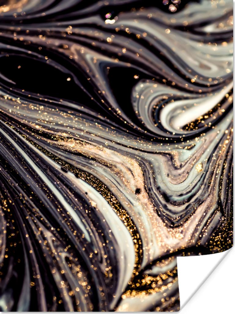 MuchoWow Poster Marmoroptik - Schwarz - Gold - Weiß - Glitter - Marmor 60x80 cm - Schlafzimmer Dekoration