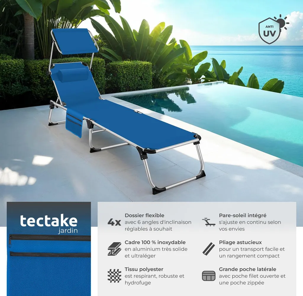 Chaise longue en aluminium bleu Aurelie avec assise rembourrée et pliable