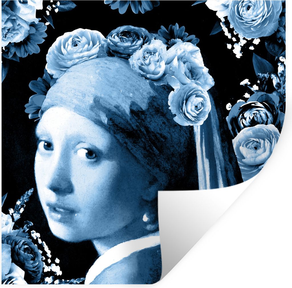 MuchoWow Wandtattoo Wandsticker Wandaufkleber Mädchen mit einem Perlenohrring - Rosen - Blau 50x50 cm Selbstklebend und Repositionierbar - Selbs...