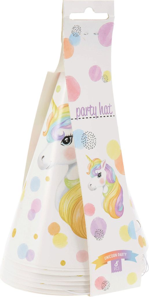 Partyhüte 16cm mit Einhorn Motiv 8er Set Weiß Bunt