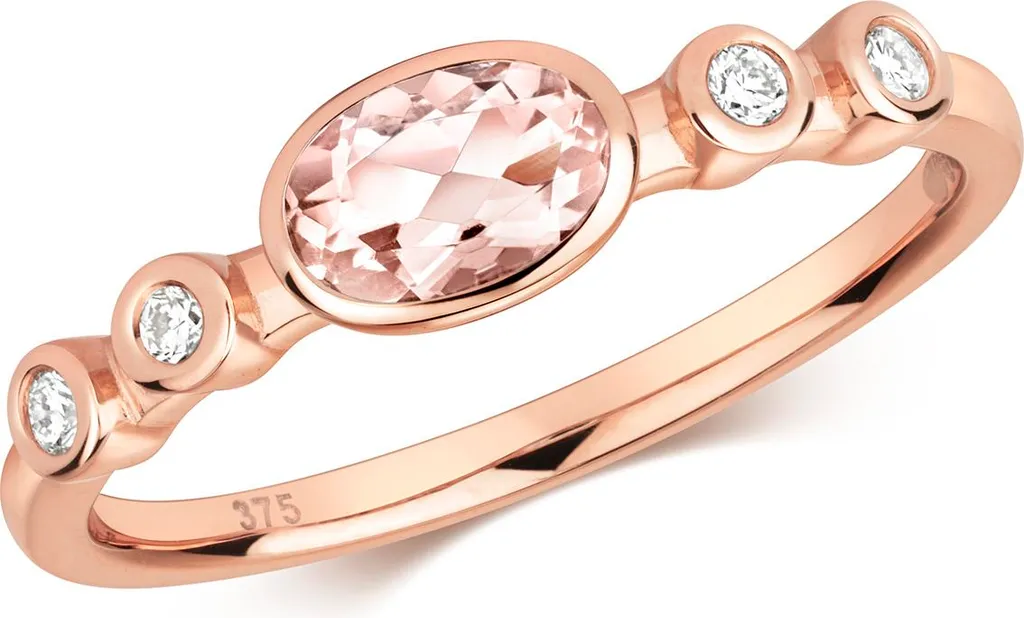 Bague Or Rose 9K sertie de 5 Pierres Diamant 0.08ct et Morganite Rose