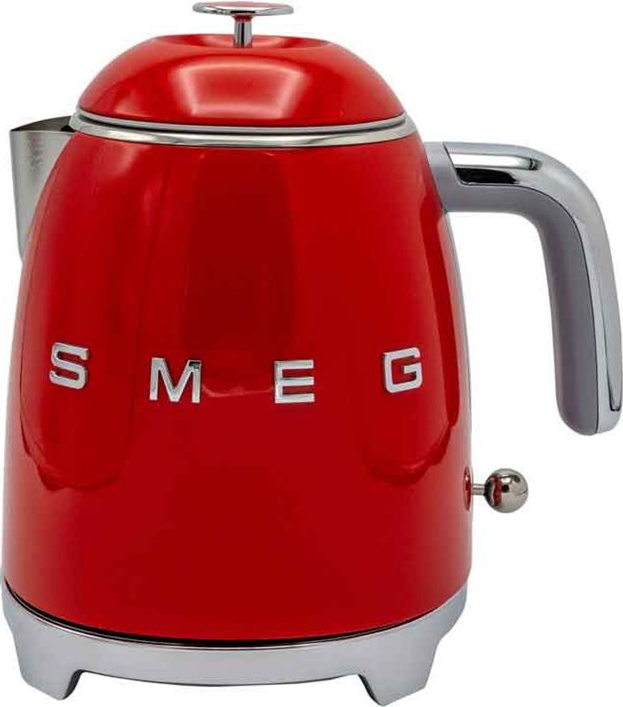 A red Smeg kettle is shown against a white background.
