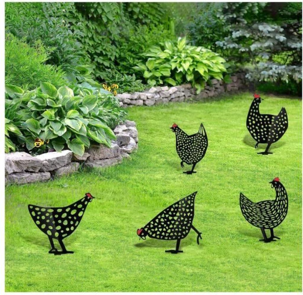 Hühnersilhouette als Dekoration, Gartenfigur für den Außenbereich, geeignet für ländliche Gartengestaltung, schwarzes Metall und Acryl, 5-teilig