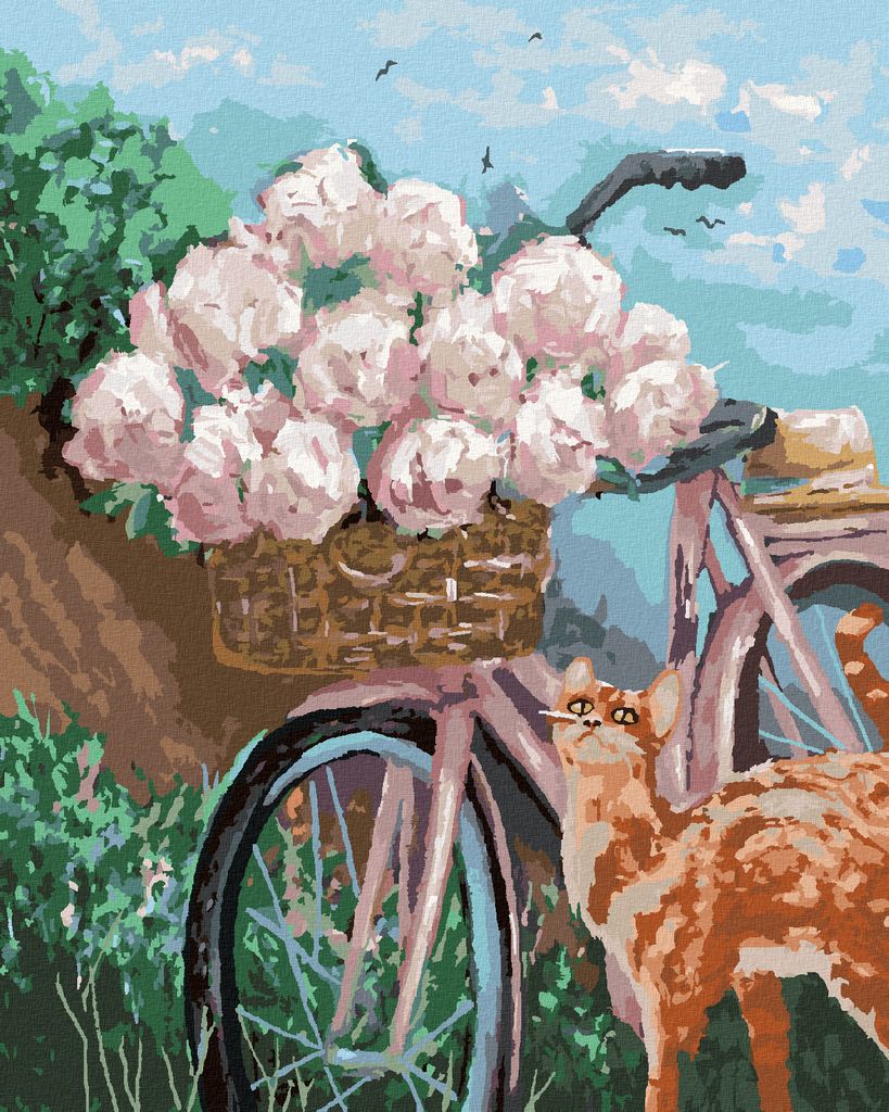 Zuty - Malen nach Zahlen - PFINGSTROSEN IM KORB AUF EINEM FAHRRAD, 40x50 cm, ohne Keilrahmen