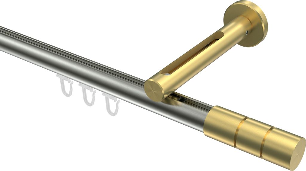 Interdeco Innenlaufstange / Gardinenstange mit Innenlauf Edelstahl-Optik / Messing-Optik, Typ Siteno Elanto (Rillenzylinder), 20 mm Ø 1-läufig, 1...