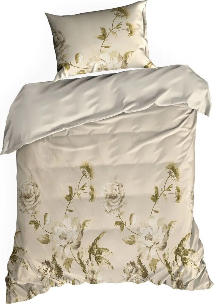 Housse de couette fleurs 140x200 en satin beige - Collection NEW24