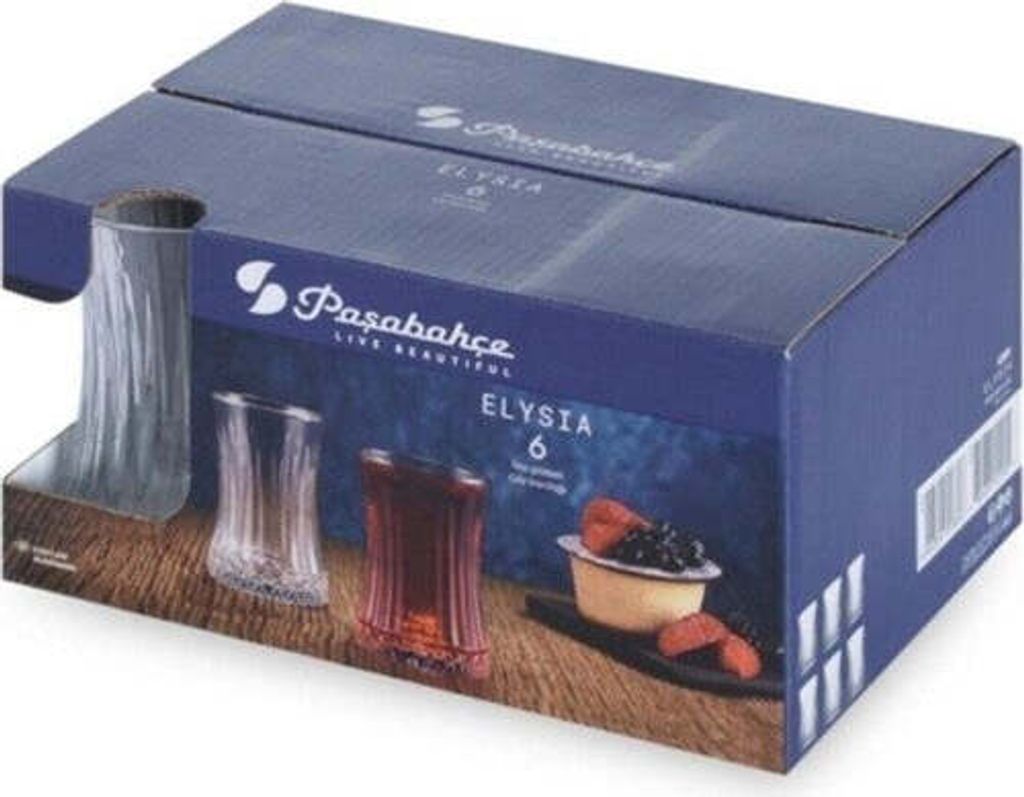 A product box for a set of 6 Elysia teacups, with images of the teacups and some fruit in a bowl.